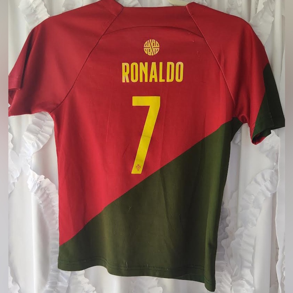 Kids Red and Green Ronaldo Soccer Jersey and matching shorts